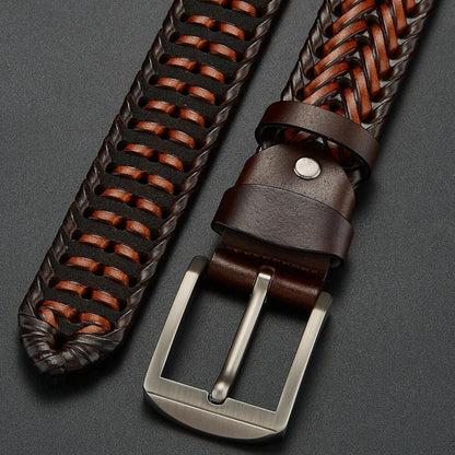 Durable men's woven leather belt for classic, timeless style and long-lasting wear.