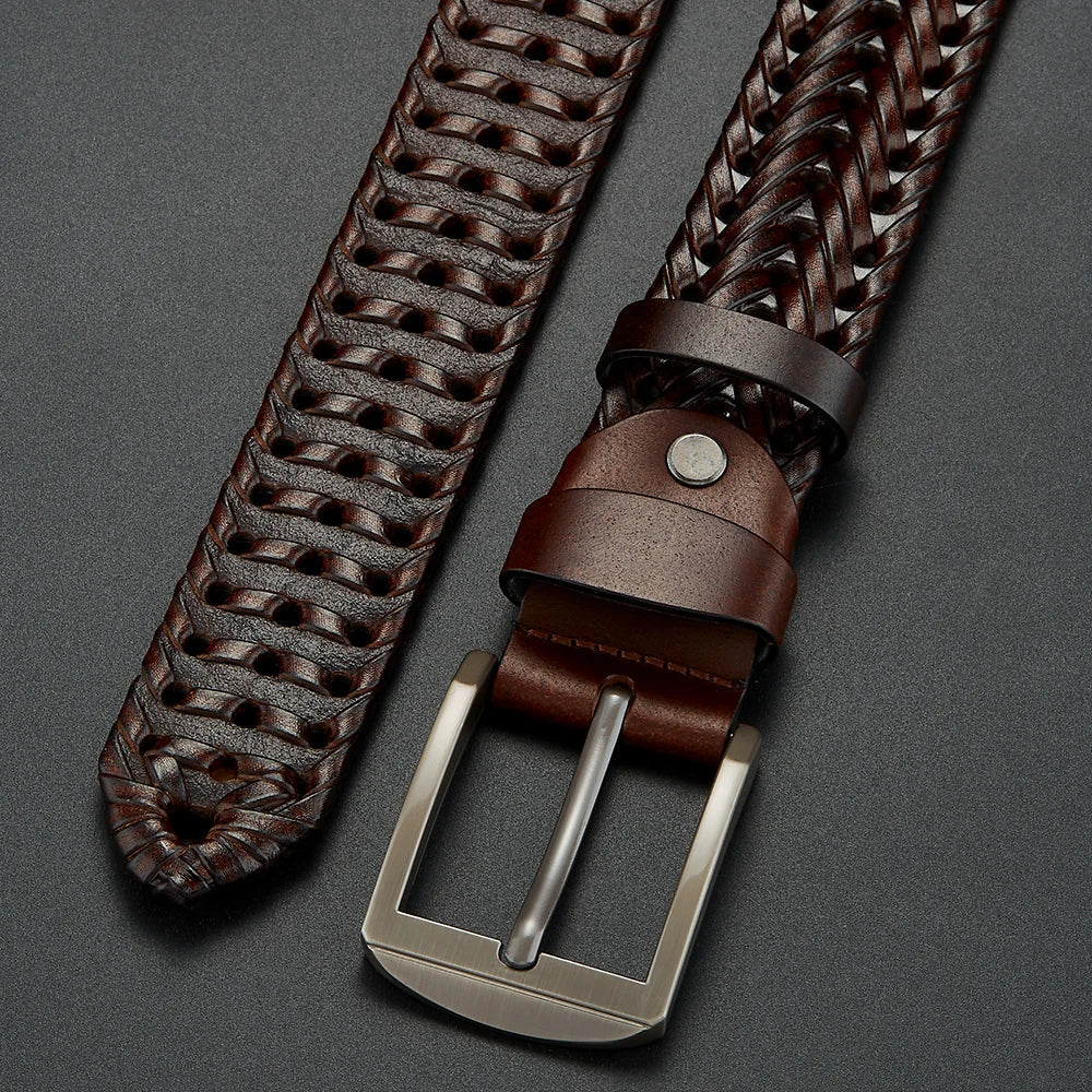 Stylish men's hand-braided cowhide leather belt, a durable and timeless fashion accessory.