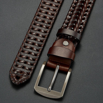 Stylish men's hand-braided cowhide leather belt, a durable and timeless fashion accessory.