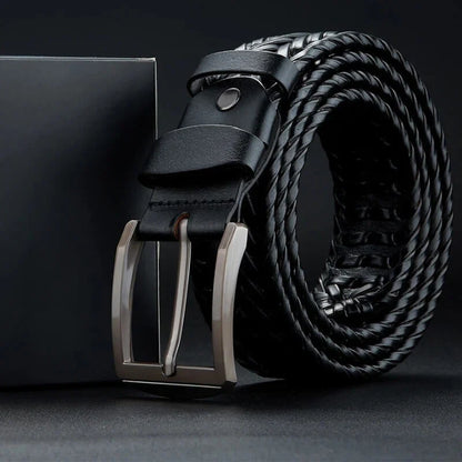 Elegant men's braided leather belt, a durable cowhide fashion accessory for timeless style.
