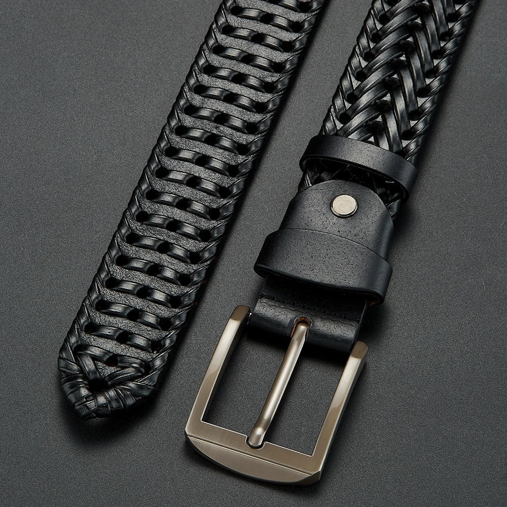 Classic men's woven leather belt, a durable genuine cowhide accessory for everyday wear.