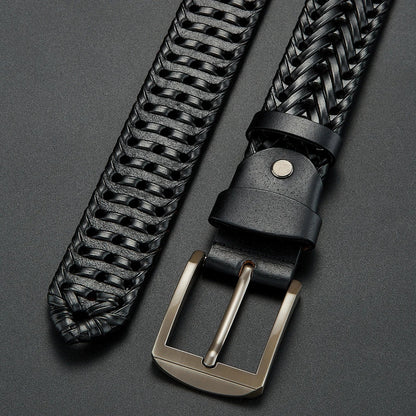 Classic men's woven leather belt, a durable genuine cowhide accessory for everyday wear.