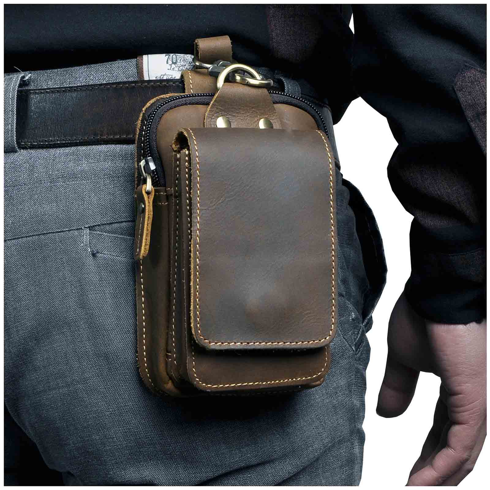 Men's genuine full-grain leather waist pack for daily essentials. Brown, durable, and stylish.