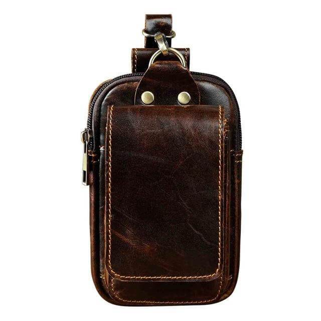 Versatile men's brown genuine leather waist pack. Compact fanny pack for essentials, great for travel.