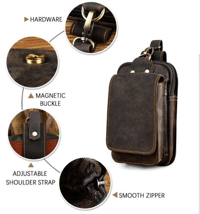 Practical men's brown leather waist pack. Secure belt bag for everyday essentials and travel gear.