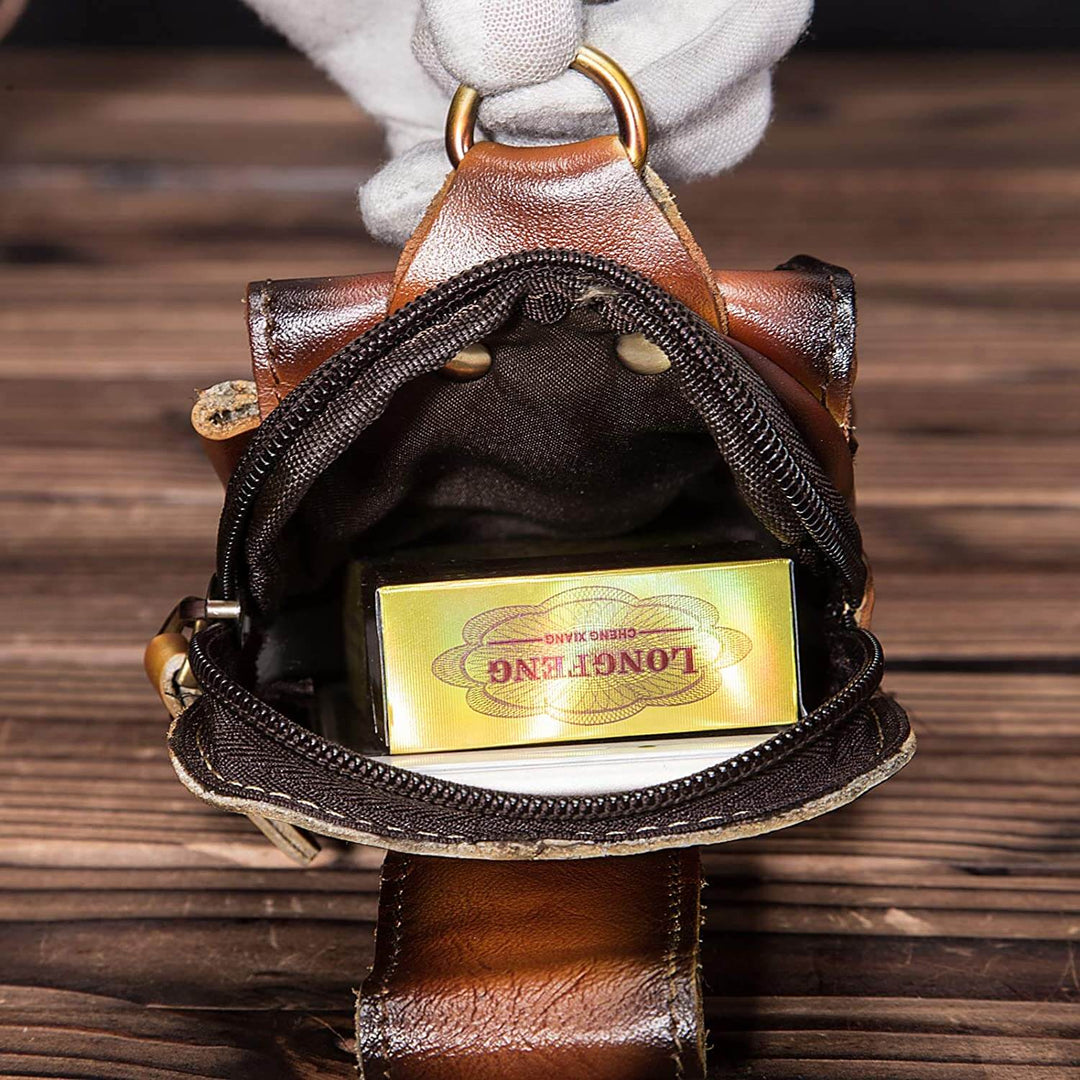 Durable men's genuine leather waist pack. Brown belt bag for travel and daily essentials. Full-grain.