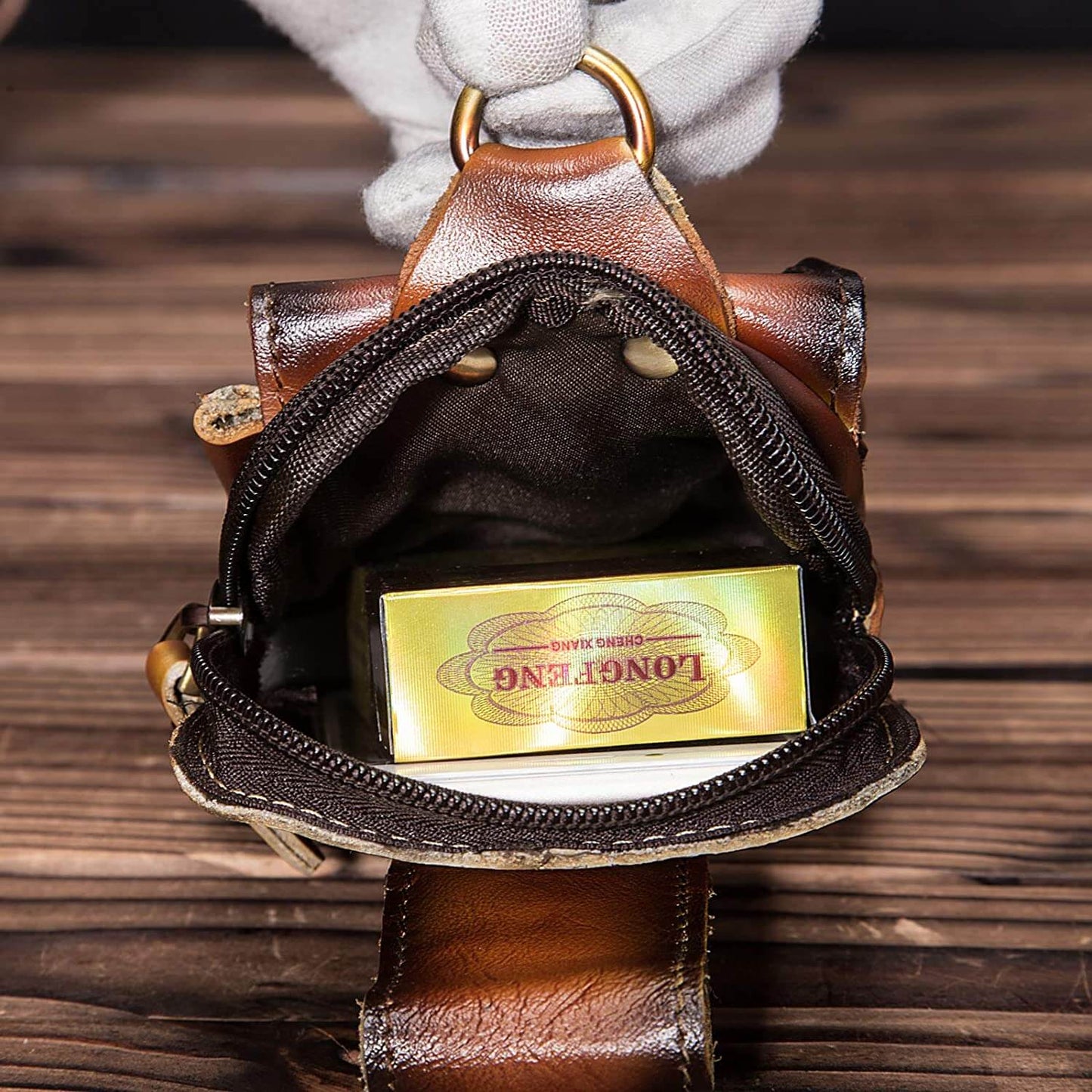 Durable men's genuine leather waist pack. Brown belt bag for travel and daily essentials. Full-grain.