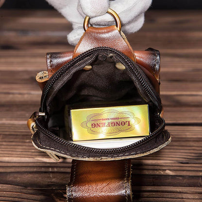 Durable men's genuine leather waist pack. Brown belt bag for travel and daily essentials. Full-grain.