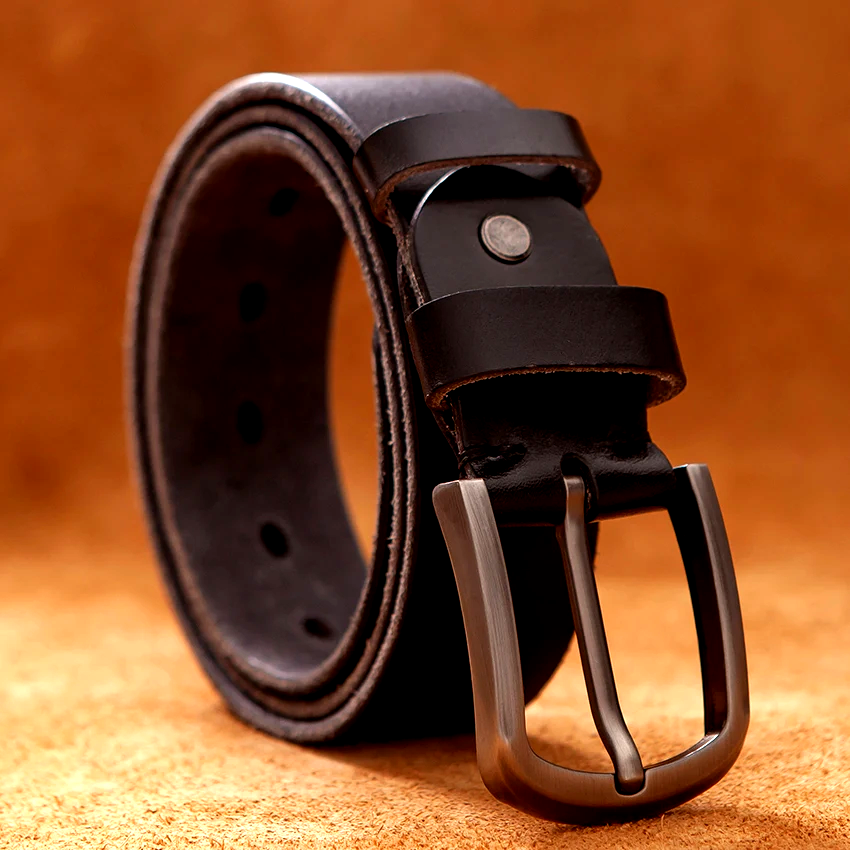 Classic black genuine leather men's belt with a distinctive vintage buckle. Durable and fashionable.