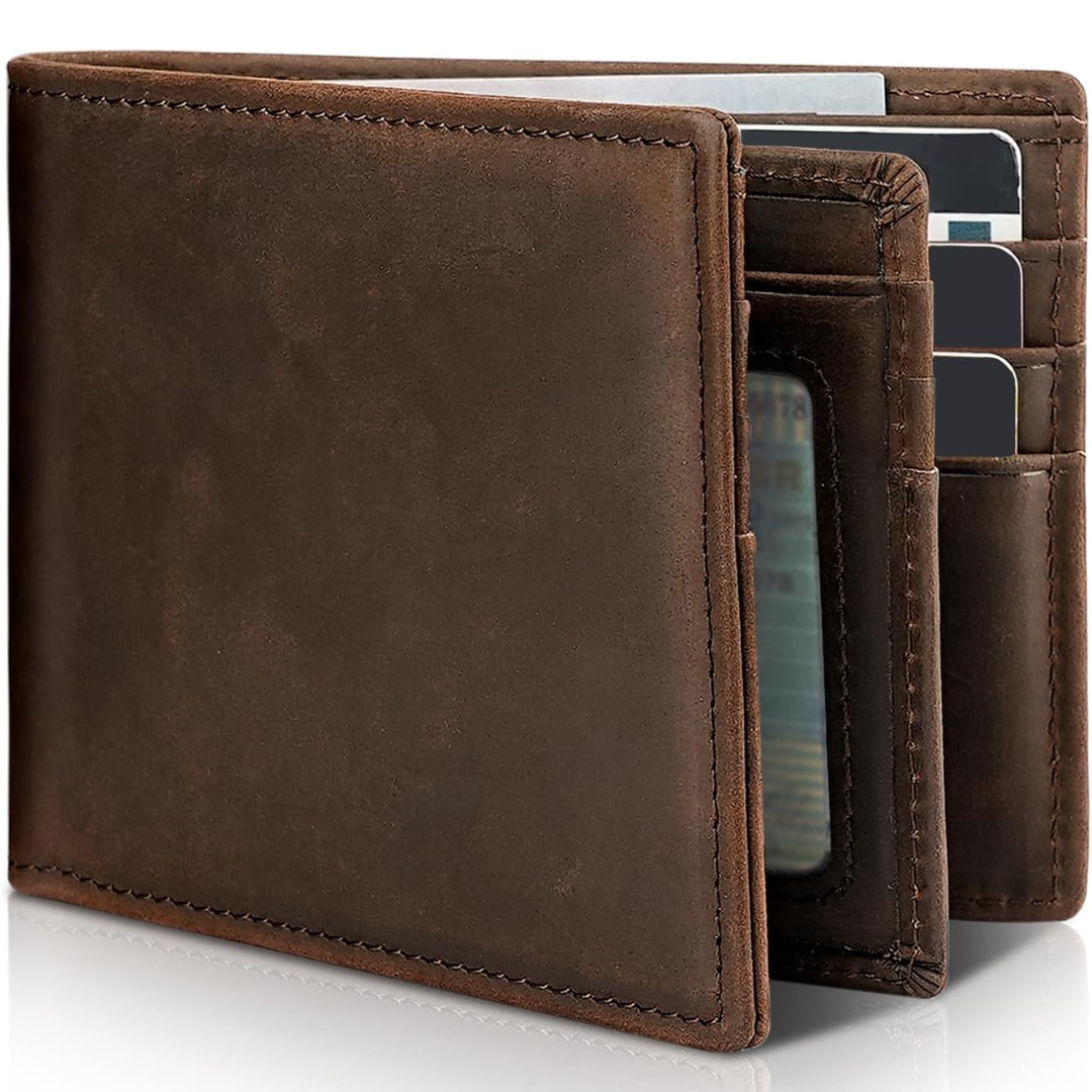 Men's genuine leather bifold wallet, RFID blocking for secure card protection, slim design.