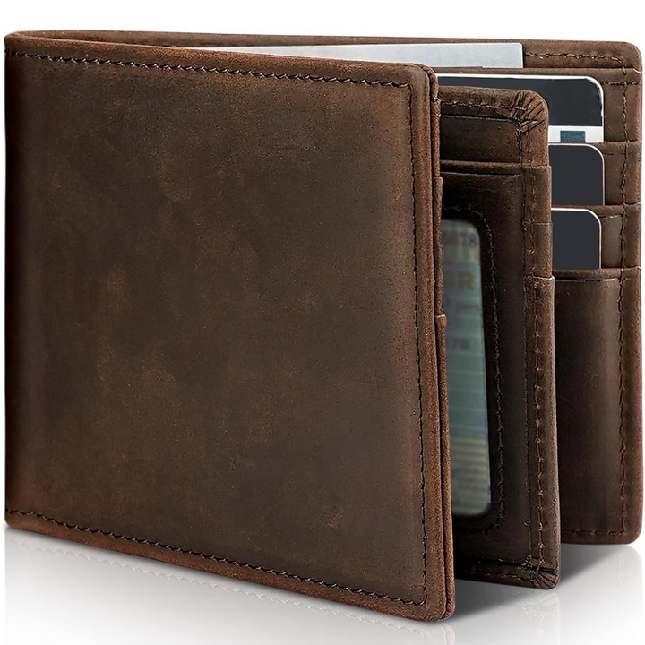 Men's genuine leather bifold wallet, RFID blocking for secure card protection, slim design.