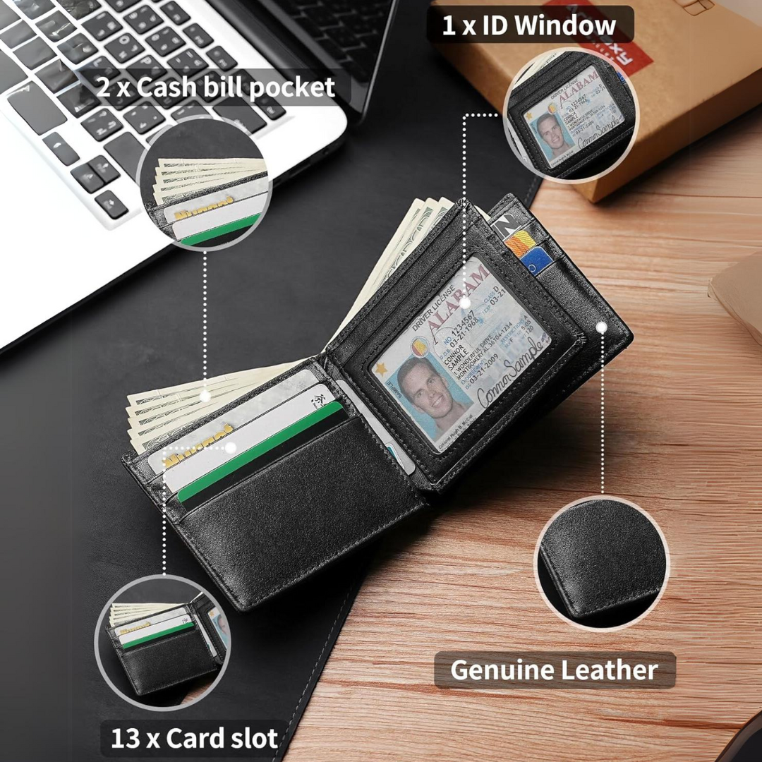 Open men's genuine leather bifold wallet. RFID blocking, organized card holder for daily essentials.