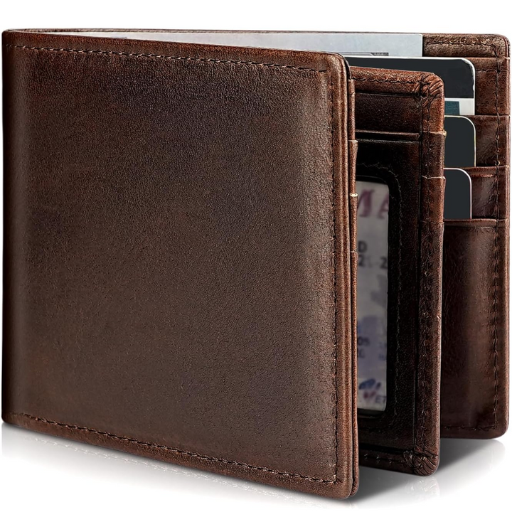 Premium men's genuine leather RFID blocking bifold wallet. Secure card holder, perfect men's accessory.