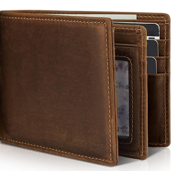Stylish genuine leather bifold wallet for men, featuring RFID blocking technology for ultimate security.