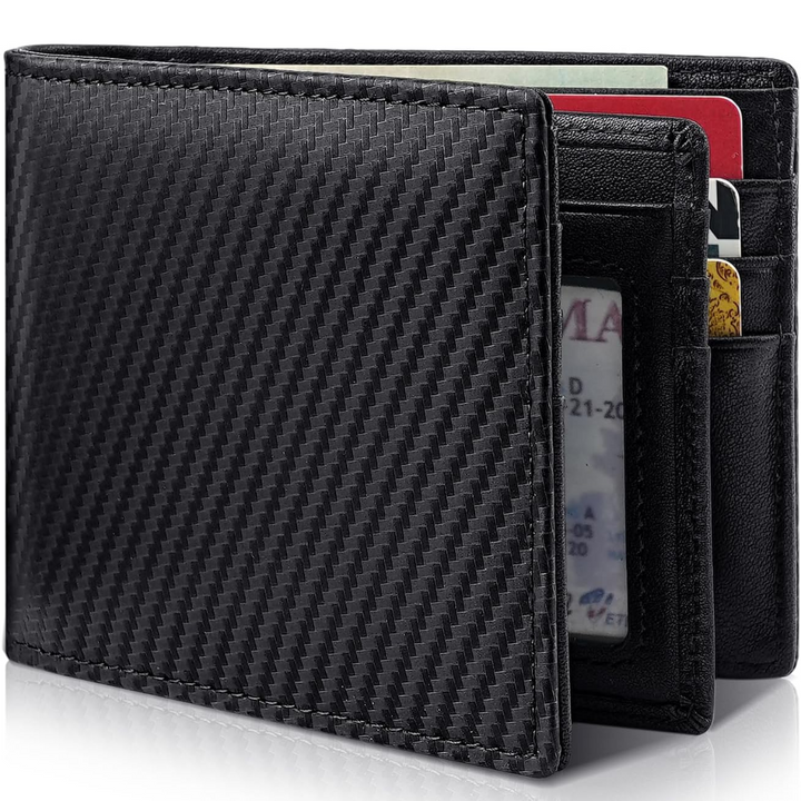 Slim genuine leather bifold wallet for men. RFID blocking, ideal card holder & secure accessory.