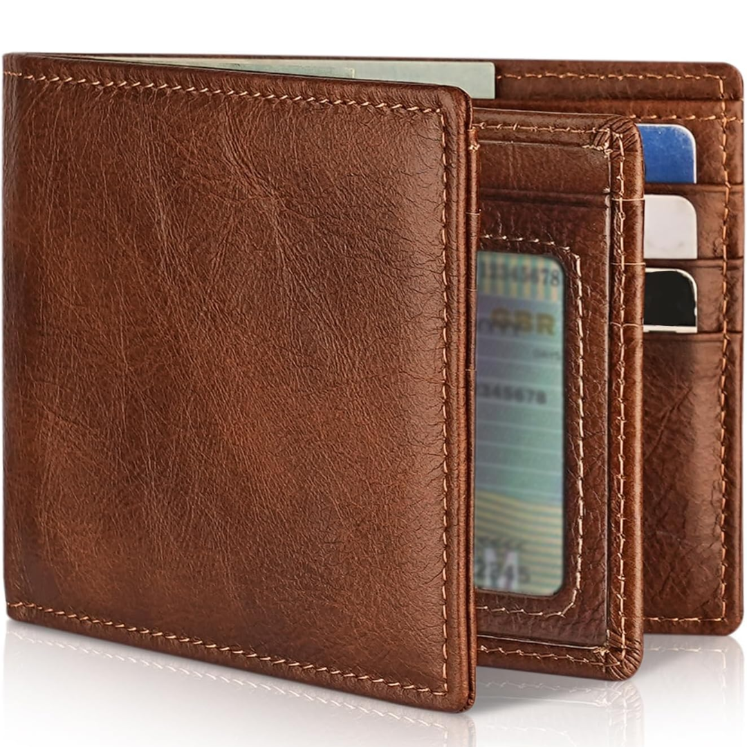 Durable genuine leather men's bifold wallet with RFID blocking. A secure, functional gift for him.