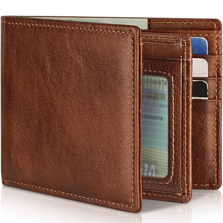 Durable genuine leather men's bifold wallet with RFID blocking. A secure, functional gift for him.