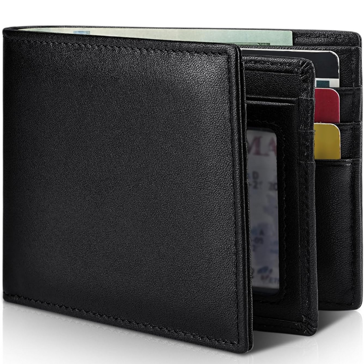 Classic men's genuine leather bifold wallet with RFID protection. Secure storage for cards & cash.