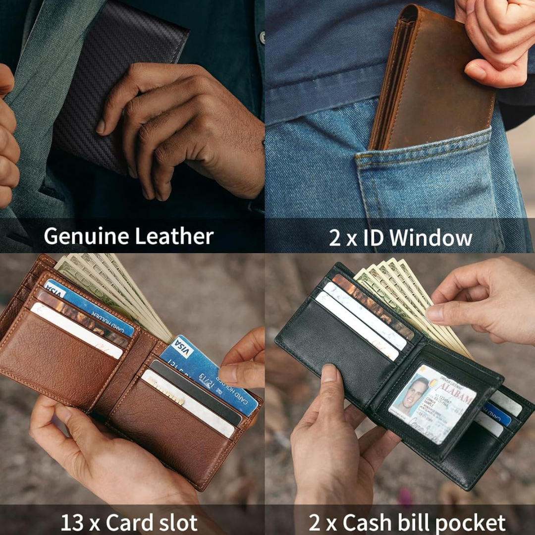 Men's genuine leather bifold wallet, designed with RFID blocking for anti-theft card protection.