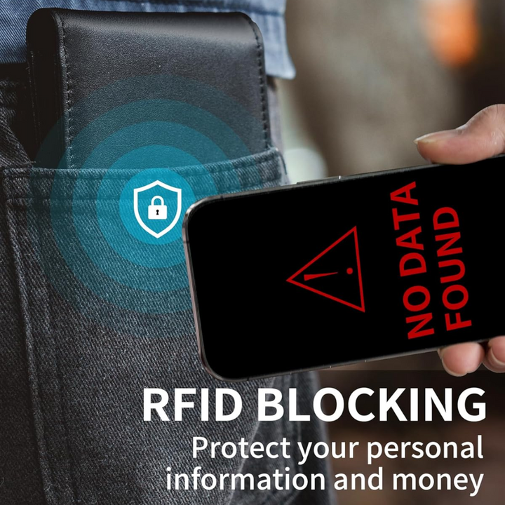 Detailed view of men's genuine leather RFID blocking bifold wallet, showcasing multiple card slots.