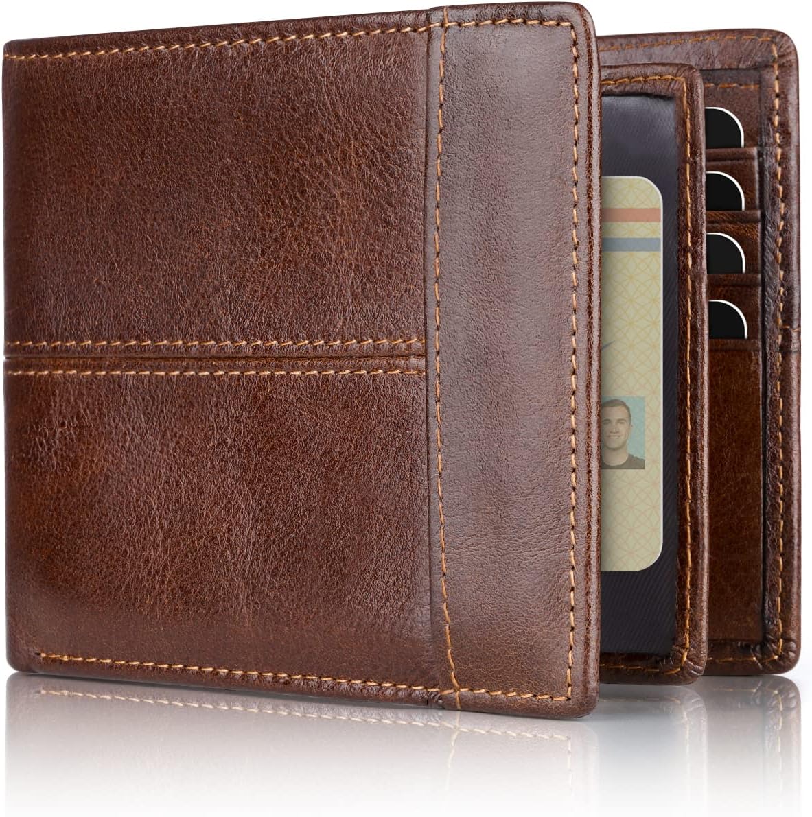 Men's genuine leather bifold wallet with RFID blocking, slim design, and multiple card slots.