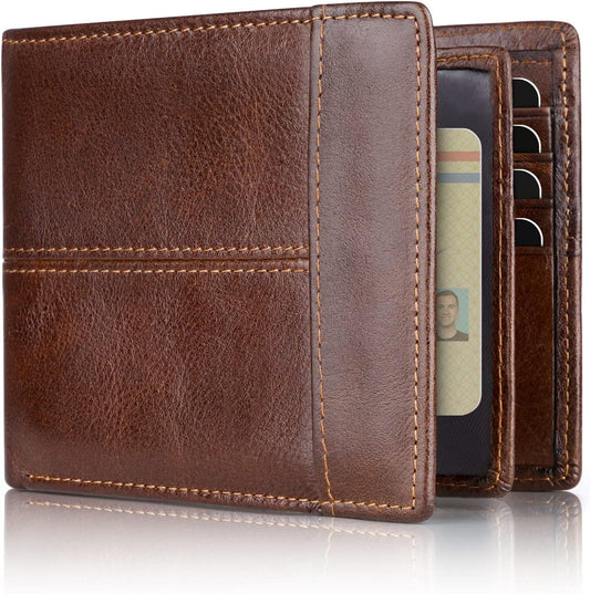 Men's genuine leather bifold wallet with RFID blocking, slim design, and multiple card slots.