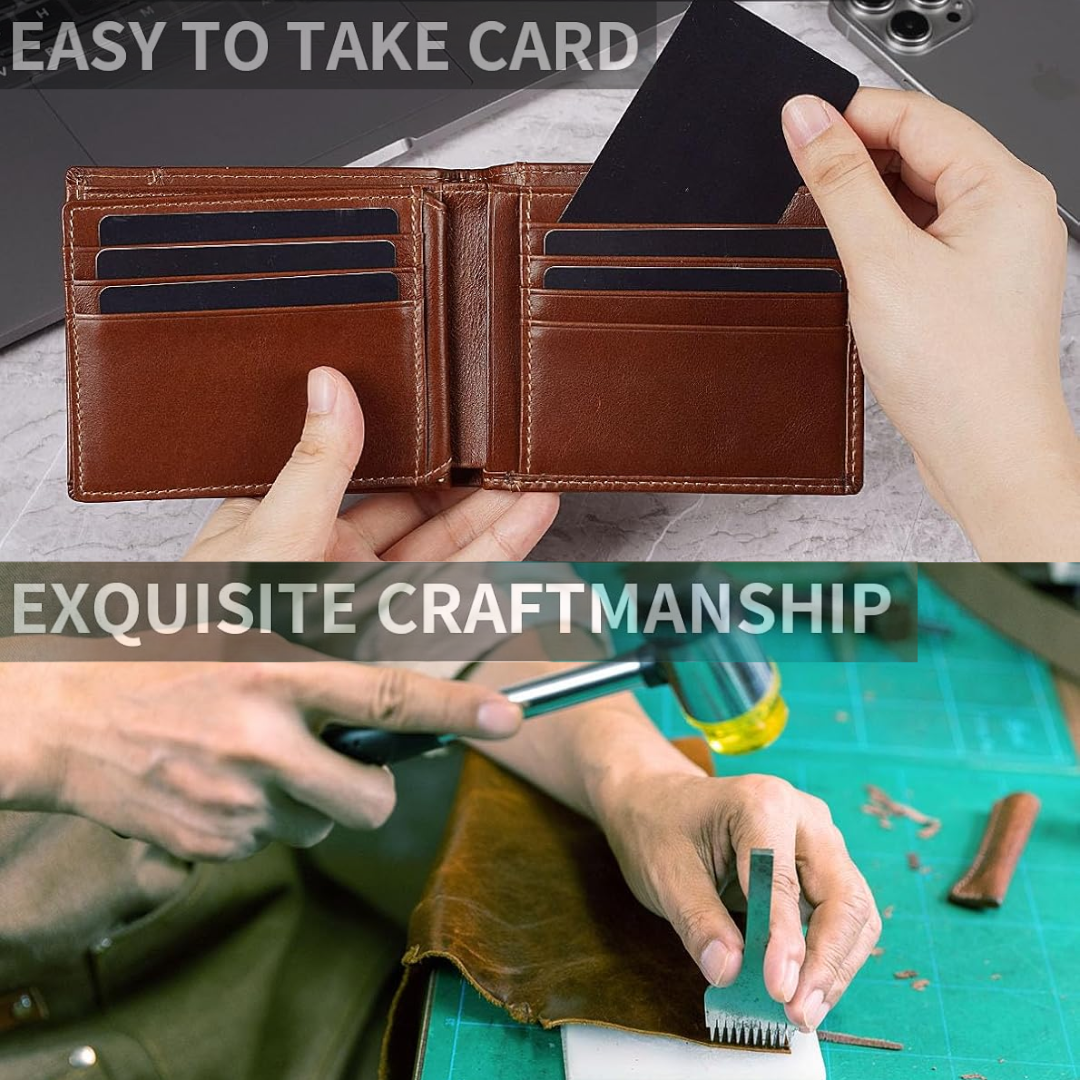 Durable men's bifold wallet: genuine leather, slim design, multiple card slots, RFID protected.