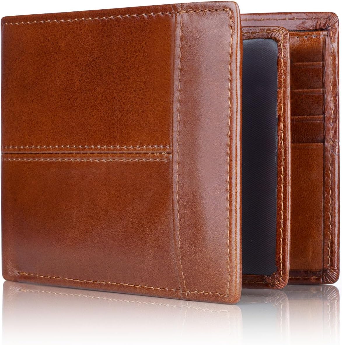 Secure men's RFID-blocking leather bifold wallet protects cards from digital theft.