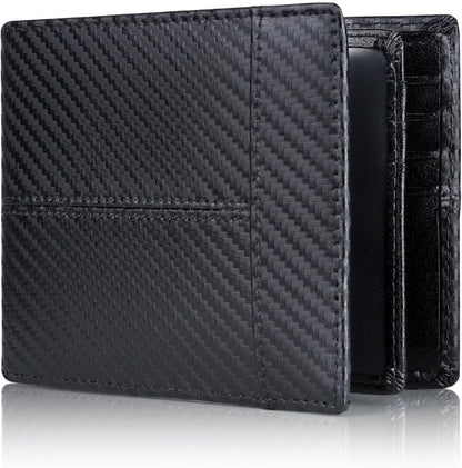 Slim men's genuine leather bifold wallet, perfect for front pocket, with RFID security.