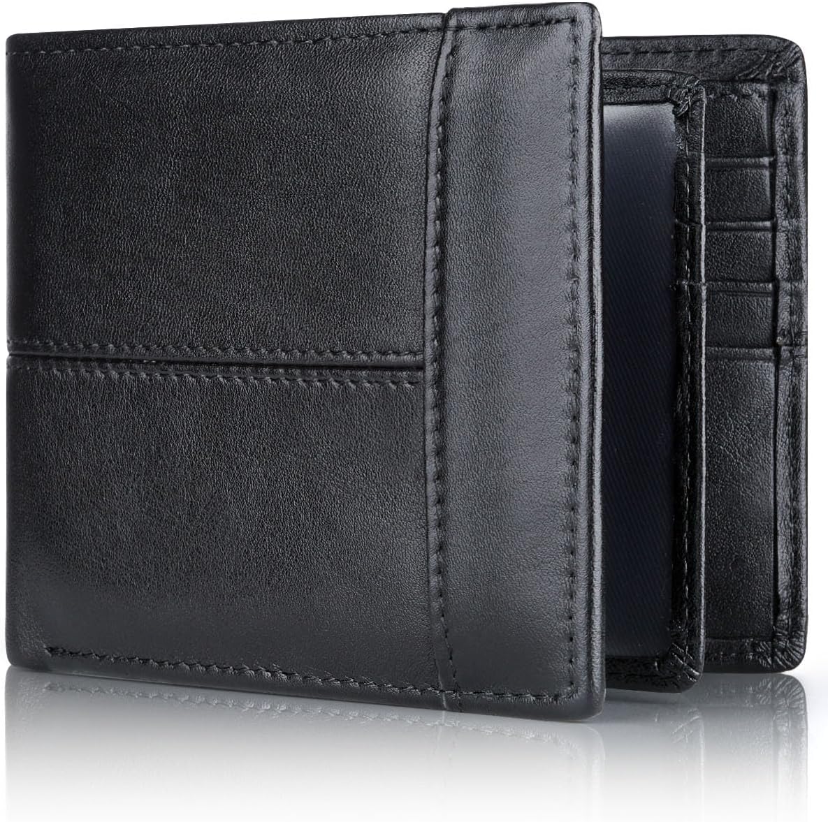 Premium genuine leather men's bifold wallet, durable and stylish, with RFID protection.