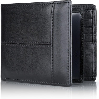 Premium genuine leather men's bifold wallet, durable and stylish, with RFID protection.