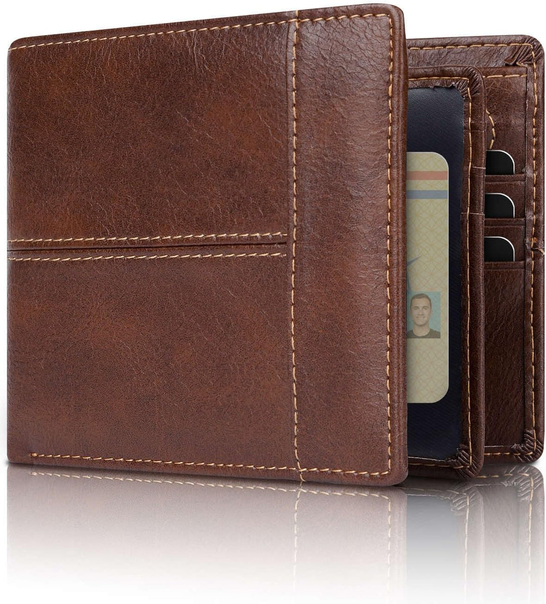 Men's leather card holder bifold wallet, slim and secure with RFID blocking for cards.
