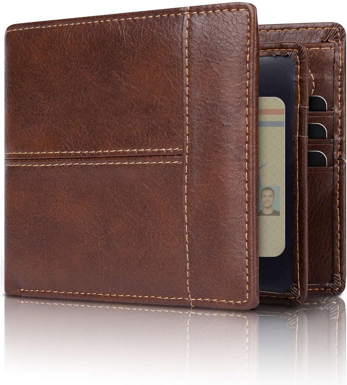 Men's leather card holder bifold wallet, slim and secure with RFID blocking for cards.