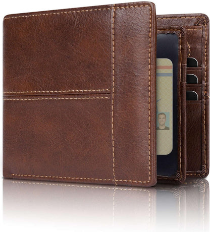 Men's leather card holder bifold wallet, slim and secure with RFID blocking for cards.