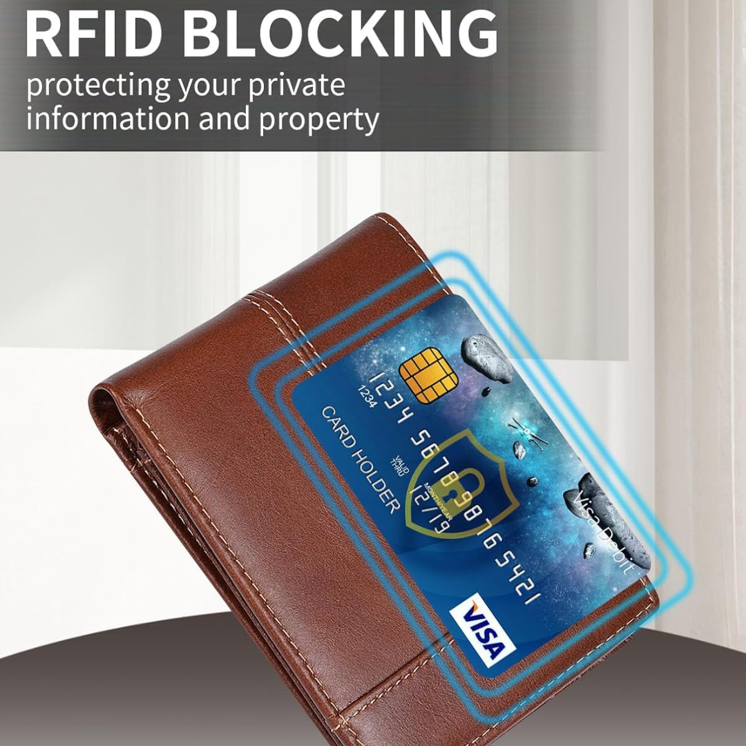 Open view: Men's slim genuine leather bifold wallet showing card slots, ID window, and RFID security.