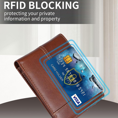 Open view: Men's slim genuine leather bifold wallet showing card slots, ID window, and RFID security.