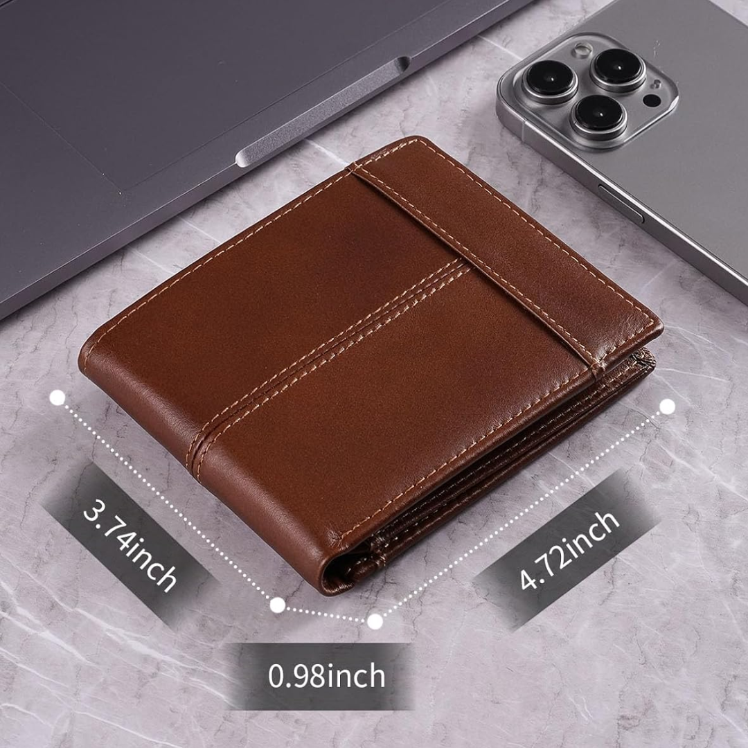 Closed men's genuine leather bifold wallet, sleek and compact, with RFID blocking technology.