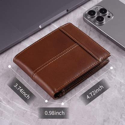 Closed men's genuine leather bifold wallet, sleek and compact, with RFID blocking technology.