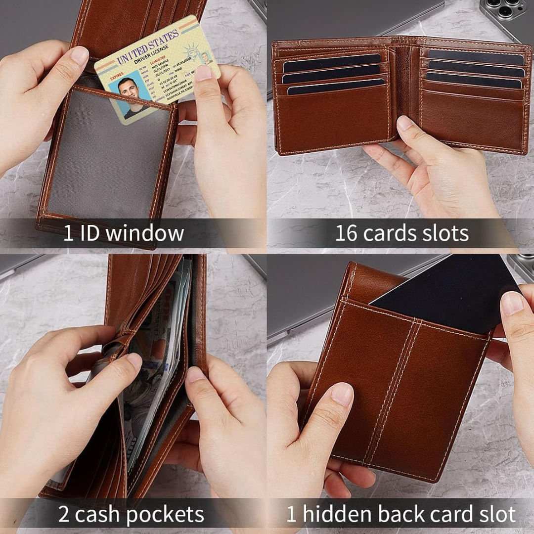 Men's slim RFID-blocking genuine leather bifold wallet comfortably fits in hand or front pocket.