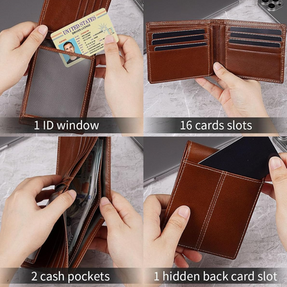 Men's slim RFID-blocking genuine leather bifold wallet comfortably fits in hand or front pocket.