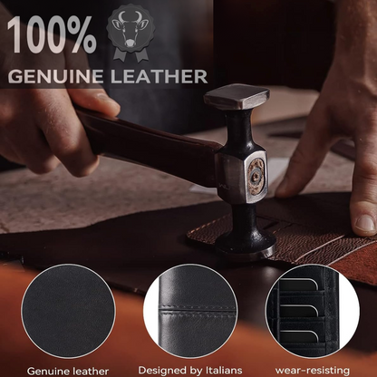 Close-up of premium genuine leather texture on men's RFID-blocking slim bifold wallet.