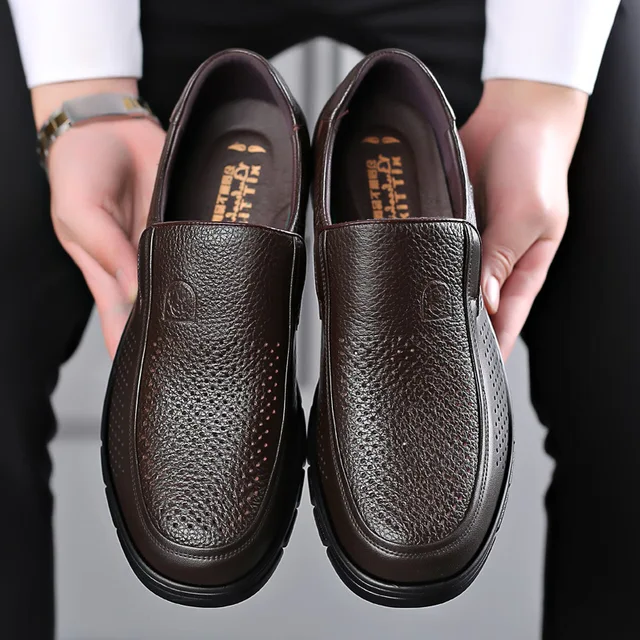 Breathable men's everyday comfort shoes. Genuine leather casual loafers with a flat sole for comfortable walking.
