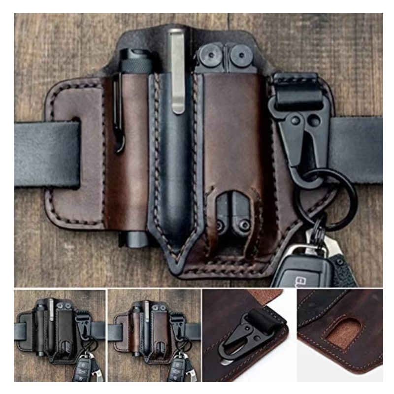 Men's genuine leather EDC belt sheath, black, for multitool holster & outdoor gear