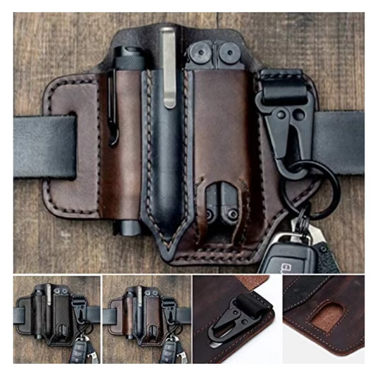 Men's genuine leather EDC belt sheath, black, for multitool holster & outdoor gear