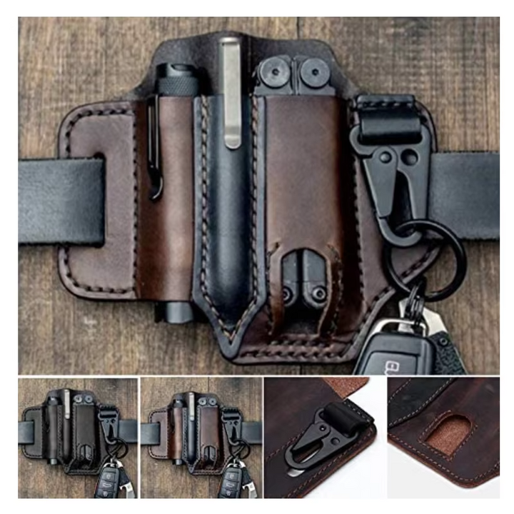 Men's genuine leather EDC belt sheath, black, for multitool holster & outdoor gear