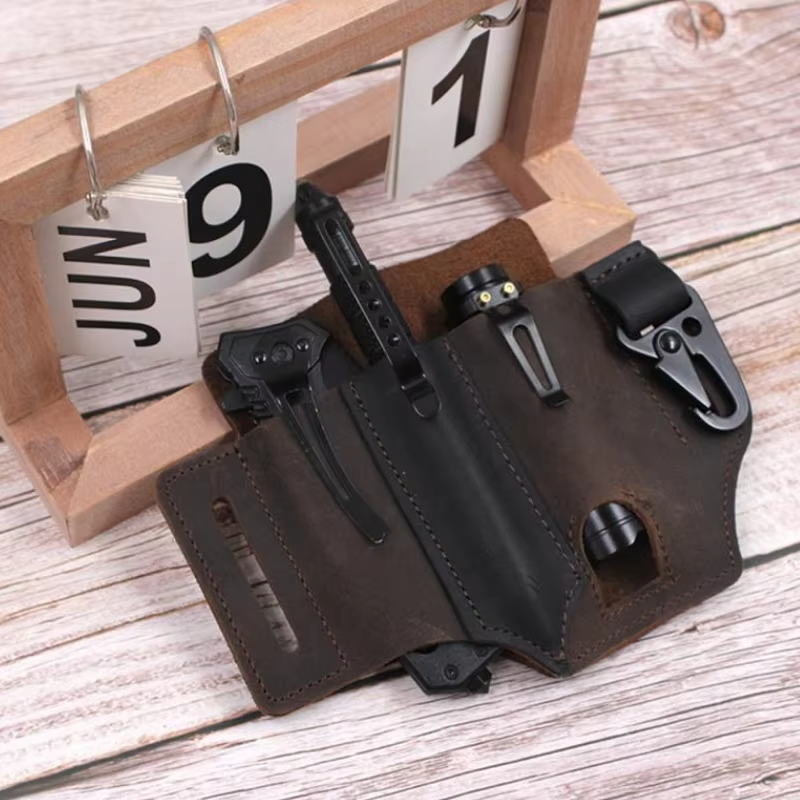 Brown genuine leather EDC belt sheath, tactical multitool holster with belt loop for men