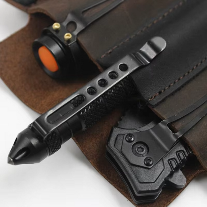 Heavy-duty genuine leather EDC belt sheath for men, organizing multitool and accessories