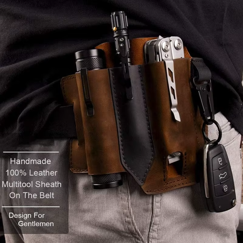 Genuine leather multitool holster, EDC belt sheath with sturdy stitching for daily carry