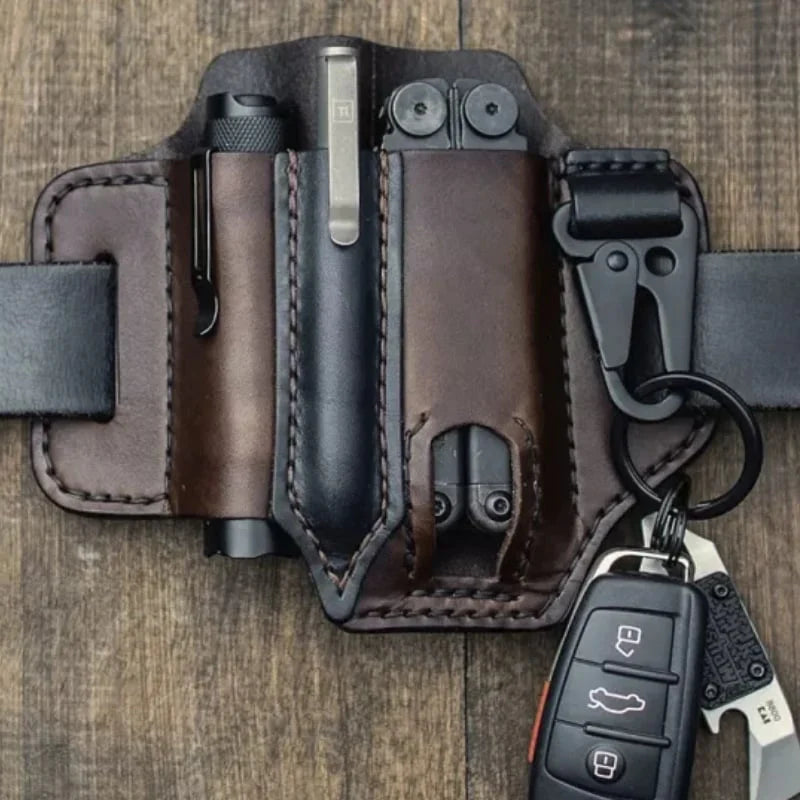 Men's outdoor waist tool holder, genuine leather EDC belt sheath with secure loop closure