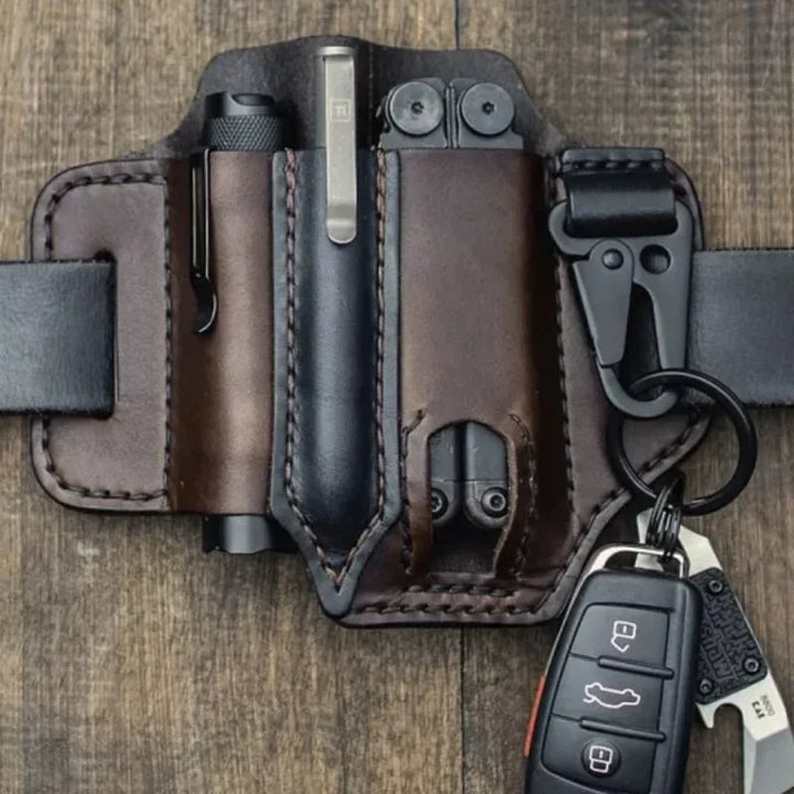 Men's outdoor waist tool holder, genuine leather EDC belt sheath with secure loop closure